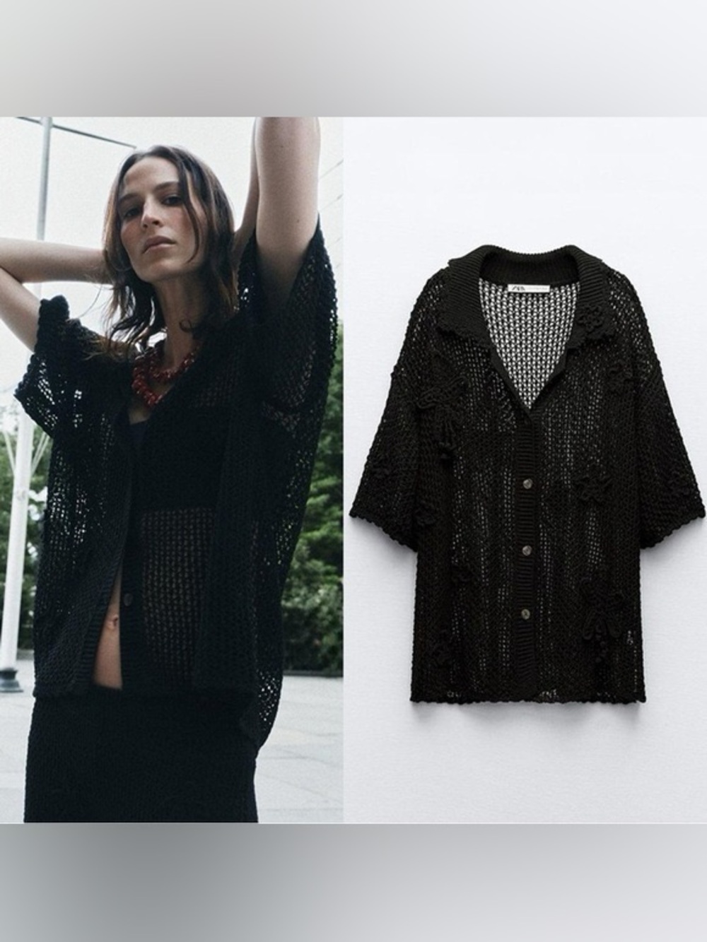 Zara crochet button down and pants set black S-M